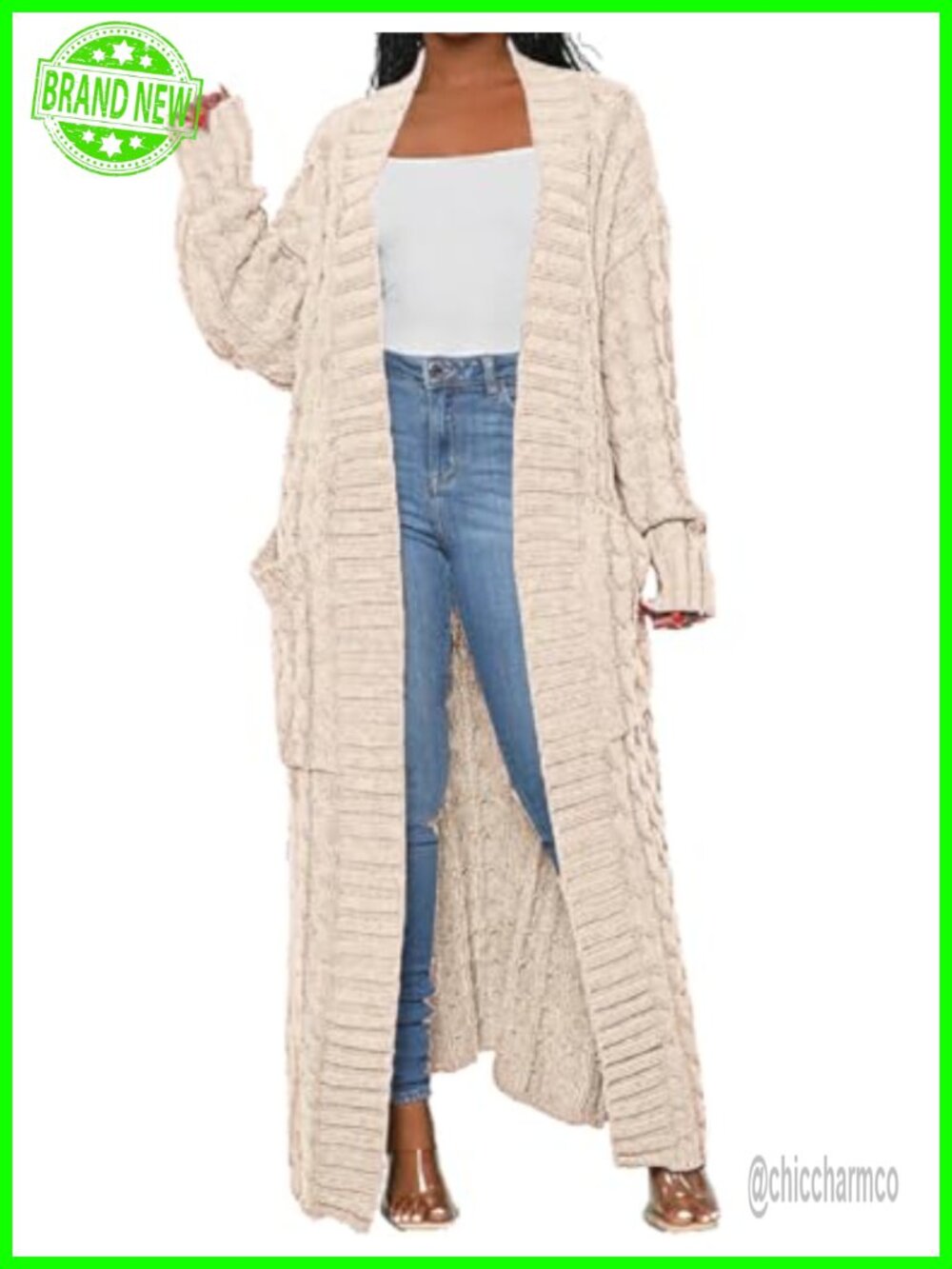 Cable Knit Long Maxi Cardigan Sweater with Pockets